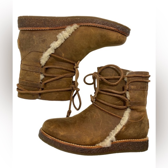 UGG Luisa Chocolate Brown Leather Lace Up Boots  Water-Resistant Size 5.5 - Picture 5 of 11